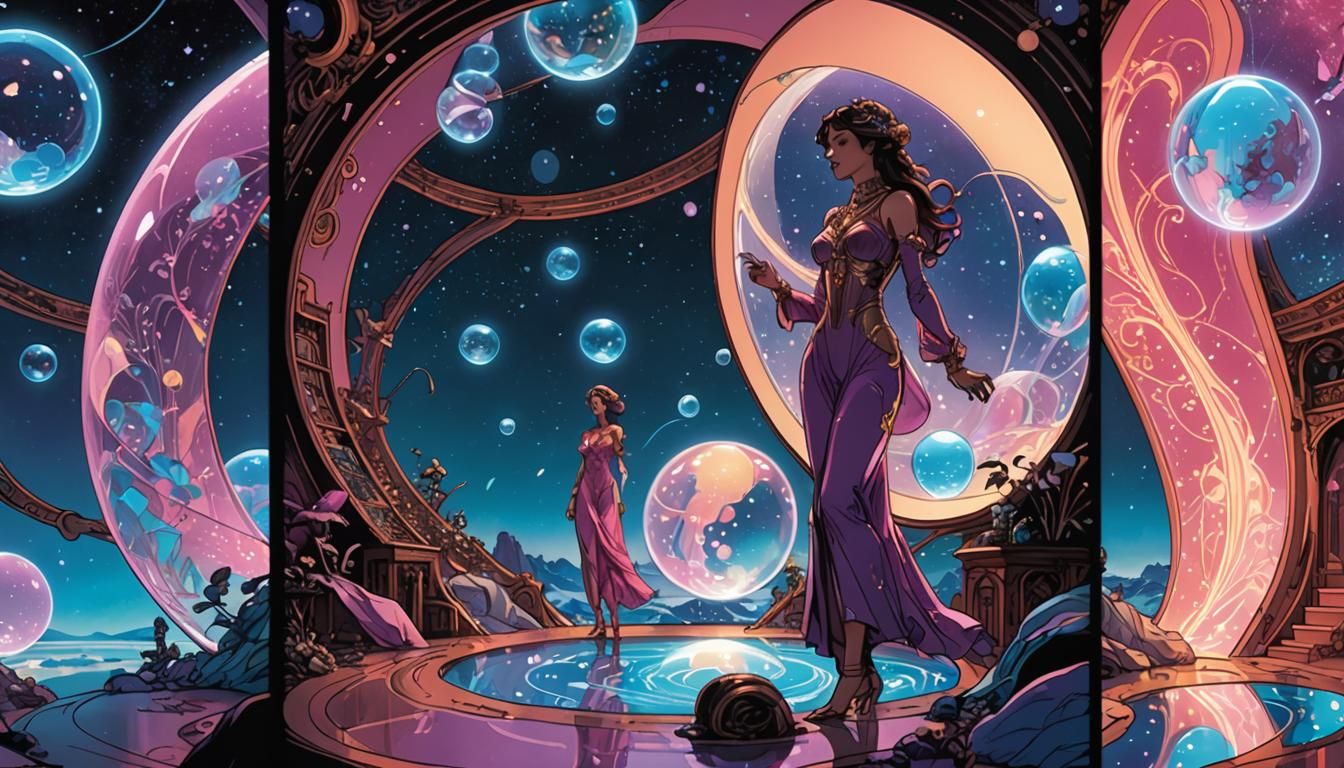 Person in Space Home, Mucha and Moebius Style