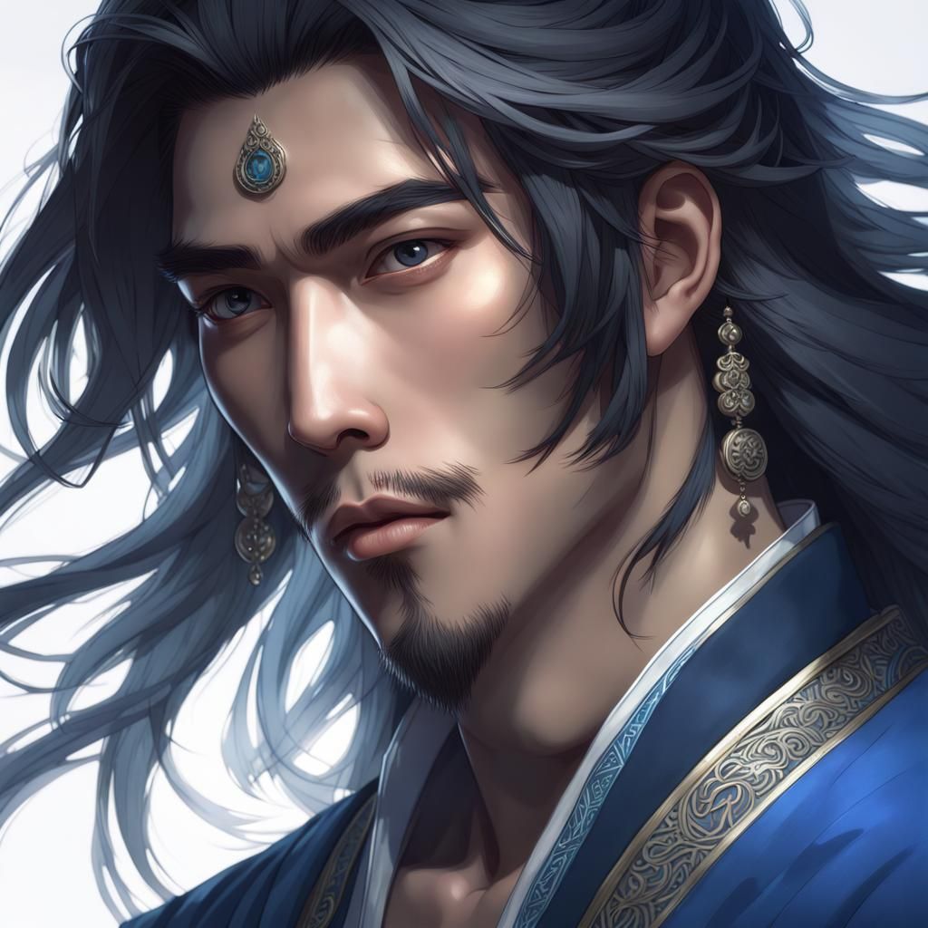 Asian Man Portrait in Art Nouveau Style