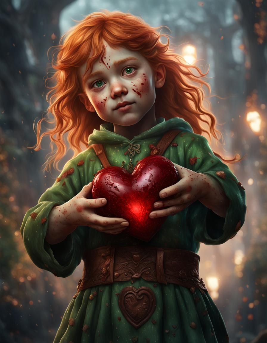 Ginger Girl Holding Heart: Dark Fantasy Concept Art