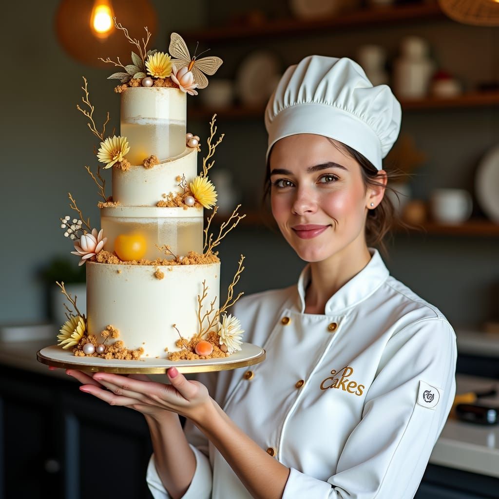 Pastry Chef Holding Gravity-Defying Cake as 3D Render