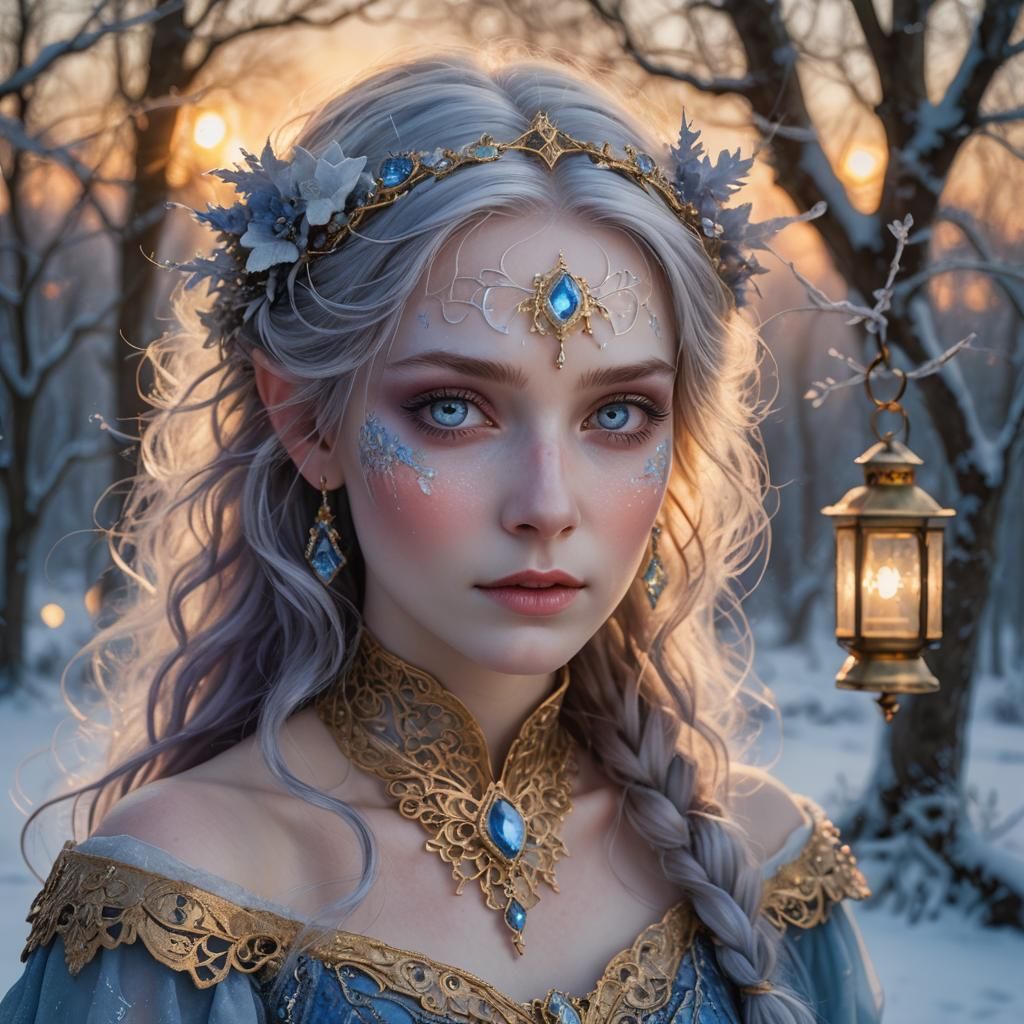 Icy Winter Fae Portrait in Art Nouveau Style