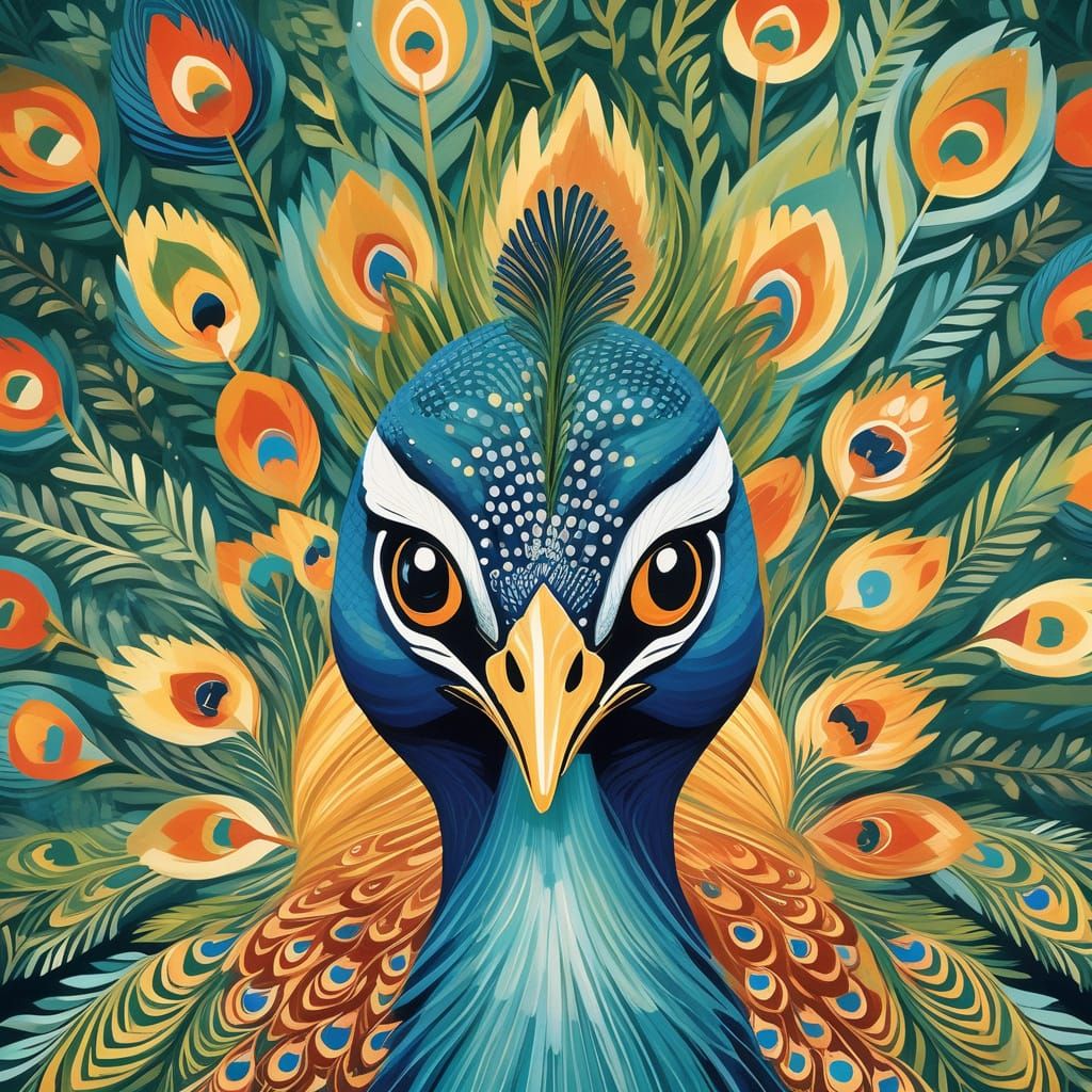 Majestic Peacock Portrait in Naรฏve Folk Art Style