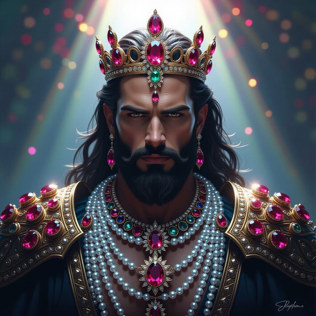 Regal Man Adorned with Crystal Gemstone Jewelry