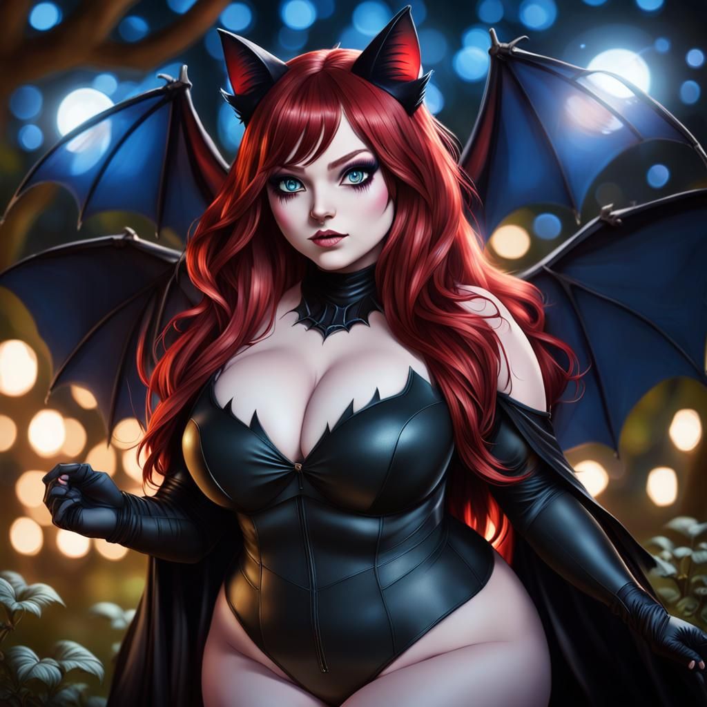 Anime Cat-Woman with Bat Wings in Magic Forest