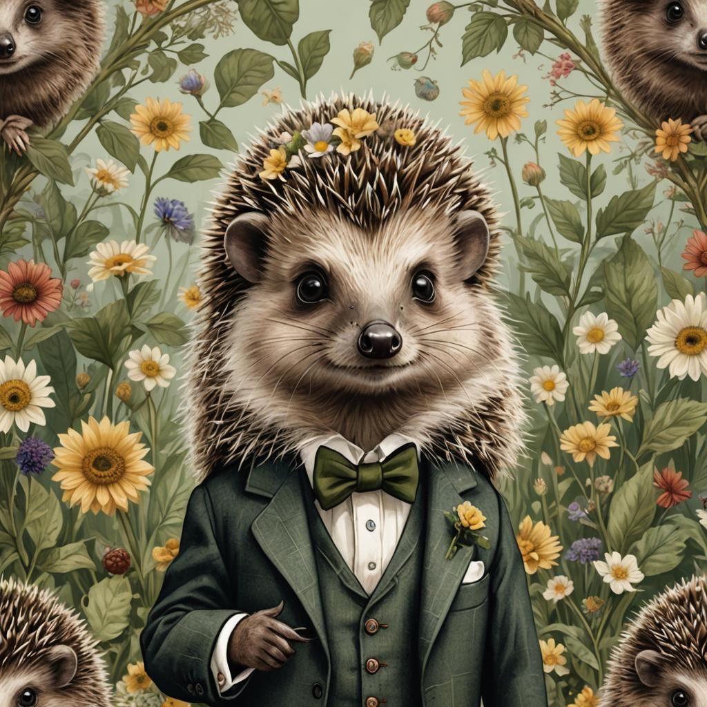 Hedgehog in Victorian Suit with Botanical Details
