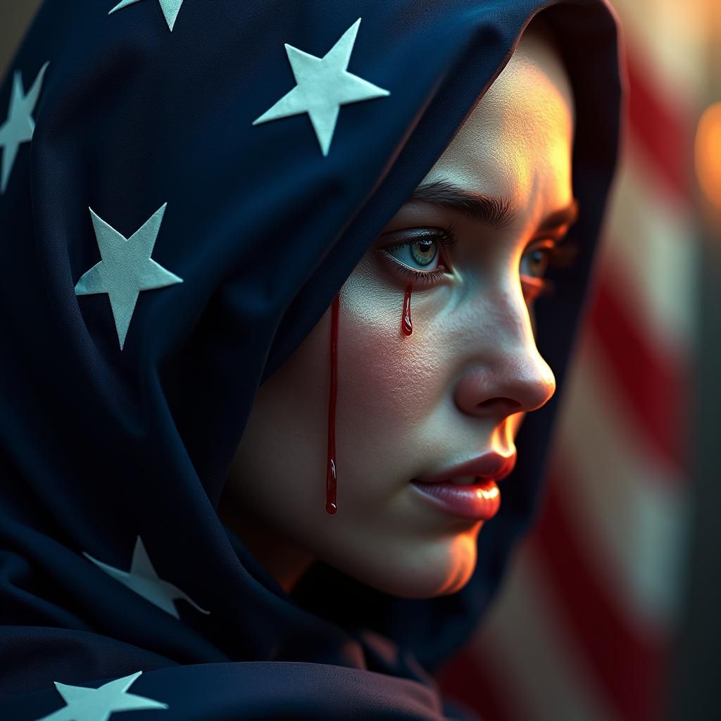 American Flag Woman Crying: Hyperrealistic Matte Painting