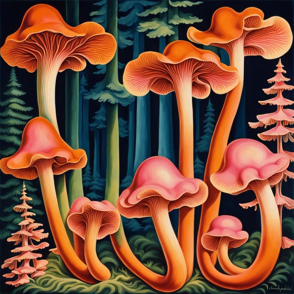 Psychedelic Chanterelle Mushrooms in Art Deco Style