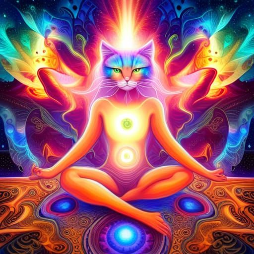 Astral Yoga Cat in Holographic Illustration