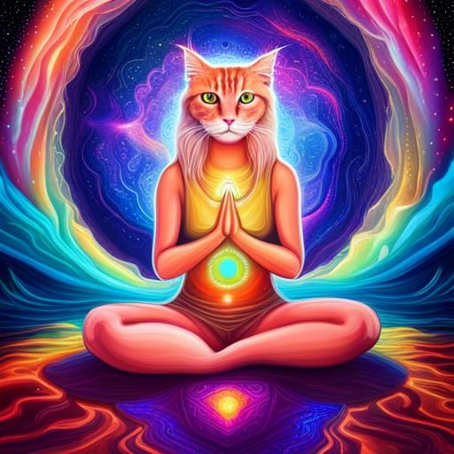 Wise Yoga Cat in Cosmic Astral Illustration
