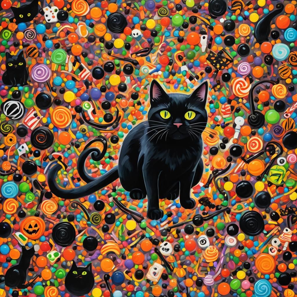 Halloween Black Cat in Surreal Child's Drawing