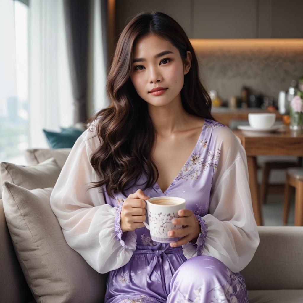 Thai Woman with Coffee in Anime Style