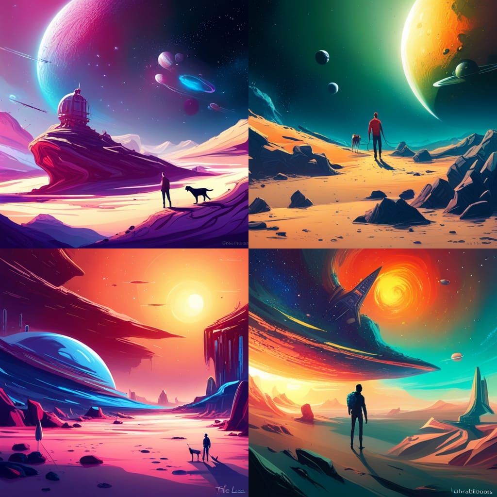 Man and Dog Explore Alien Planet in Vibrant Painting