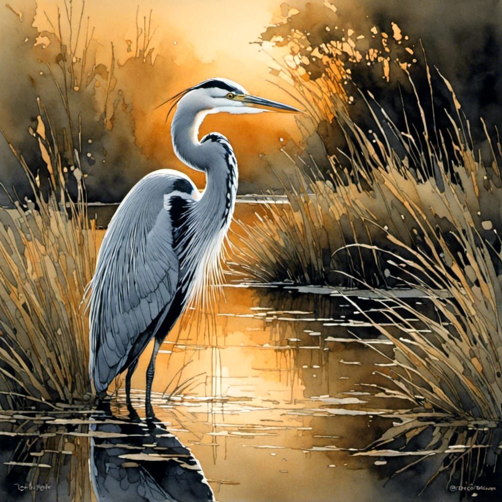 Great Heron in Pond at Sunrise