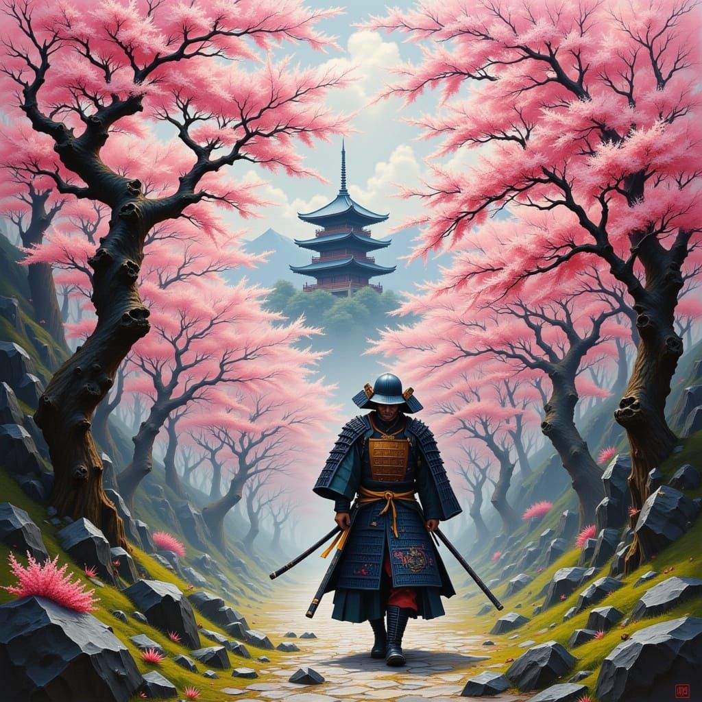 Samurai Walks Through Cherry Blossoms Near Temple
