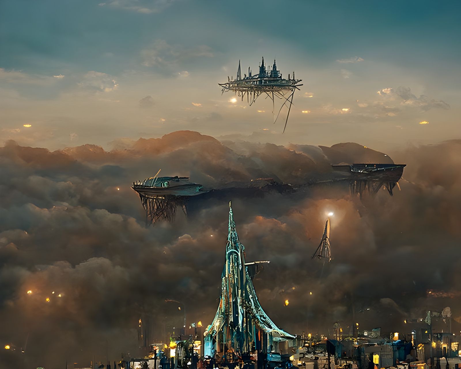 Alien Spaceship Over Metropolis: Detailed Digital Art