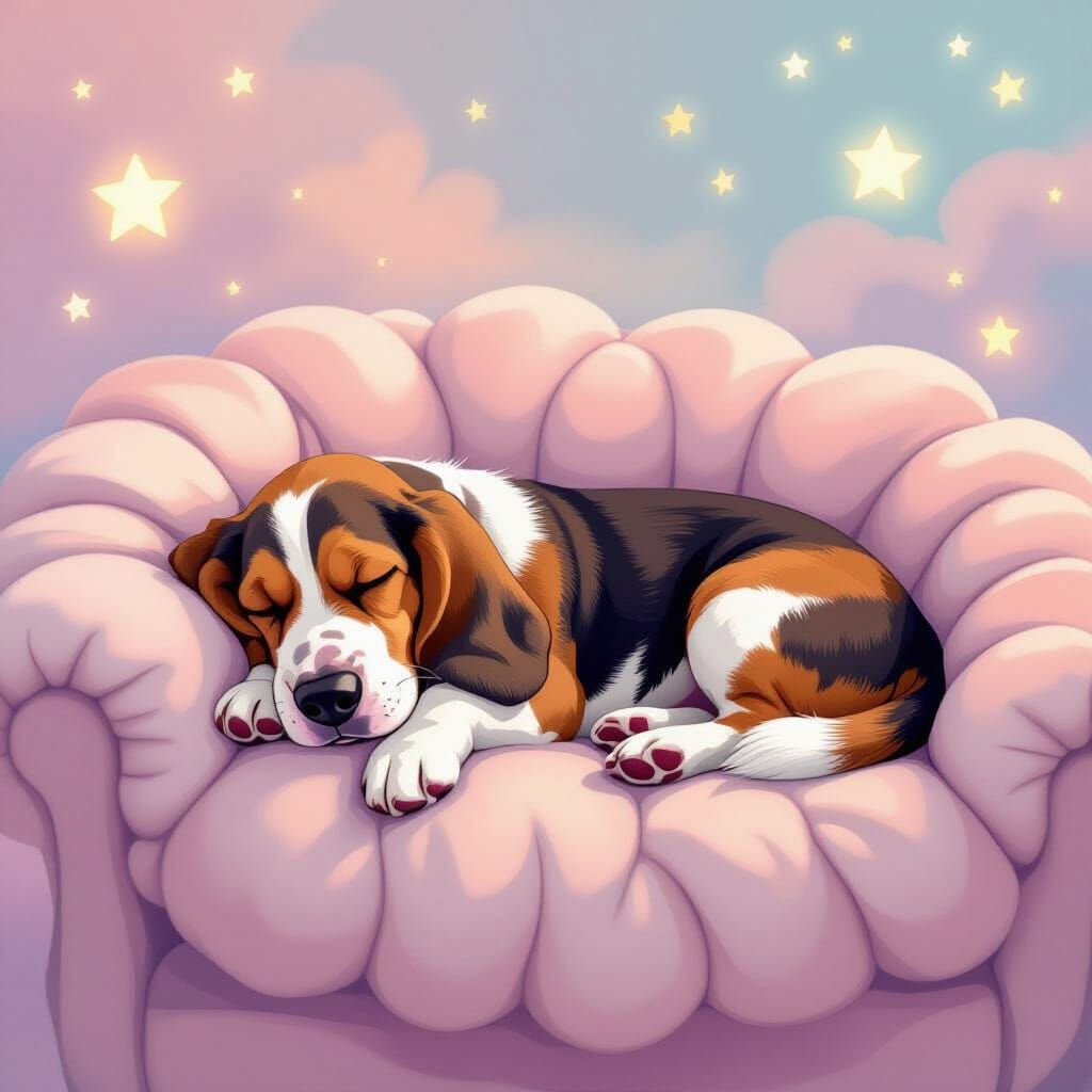 Basset Hound Dreams on Cloud Sofa in Pastel Dreamscape