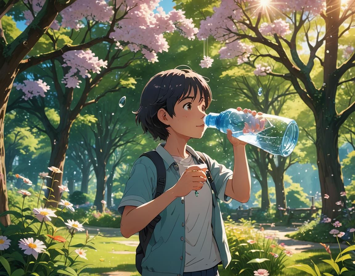 Vibrant Anime Illustration of a Person Drinking Water in a S...