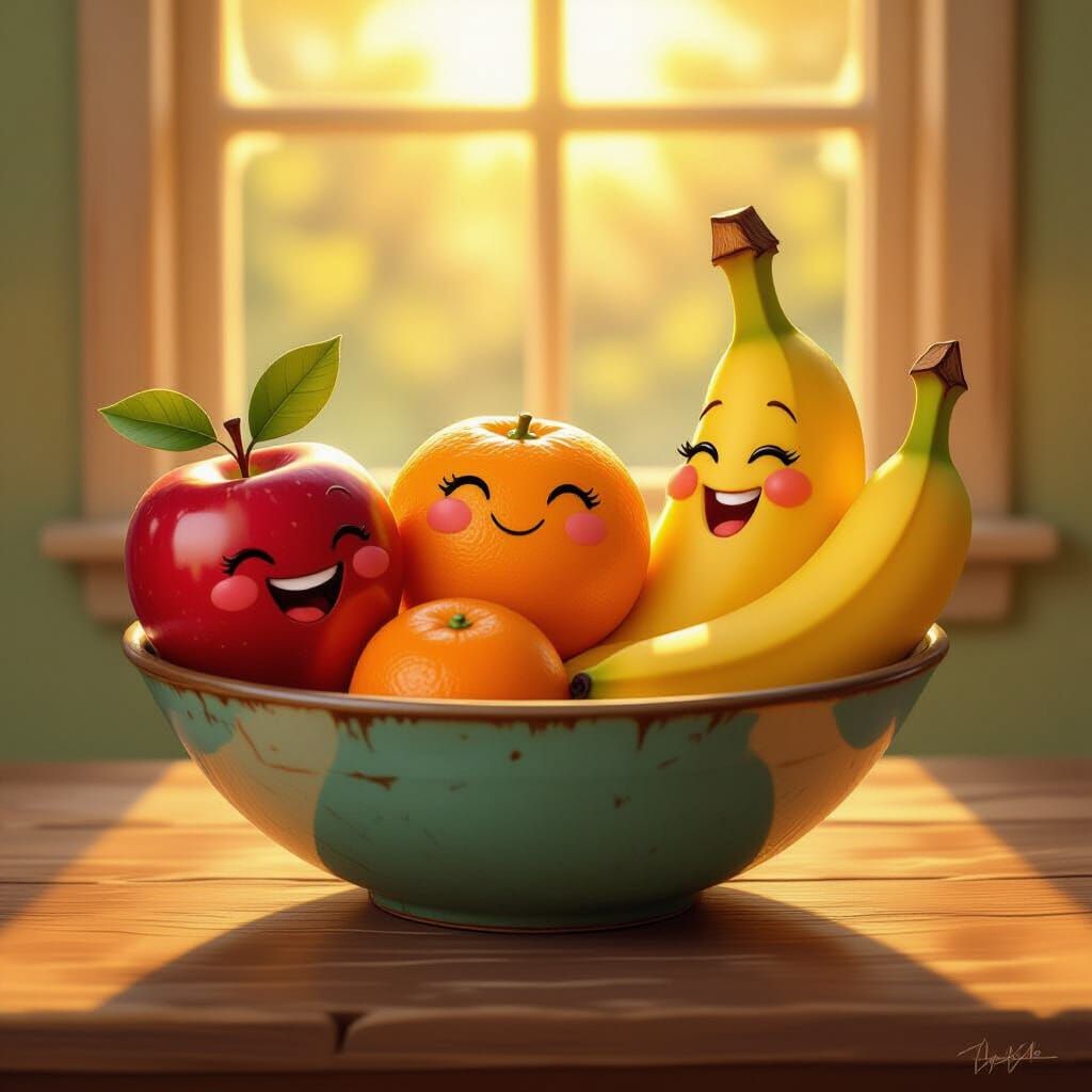 Anthropomorphic Fruits in Golden Light: Hyperrealistic Digit...