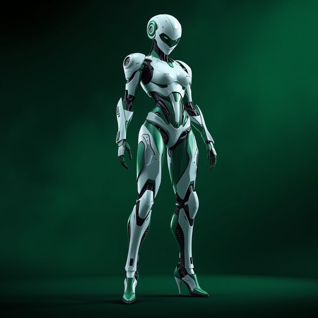 Sleek Robot Goddess in Cyberpunk Attire on Emerald Backgroun...