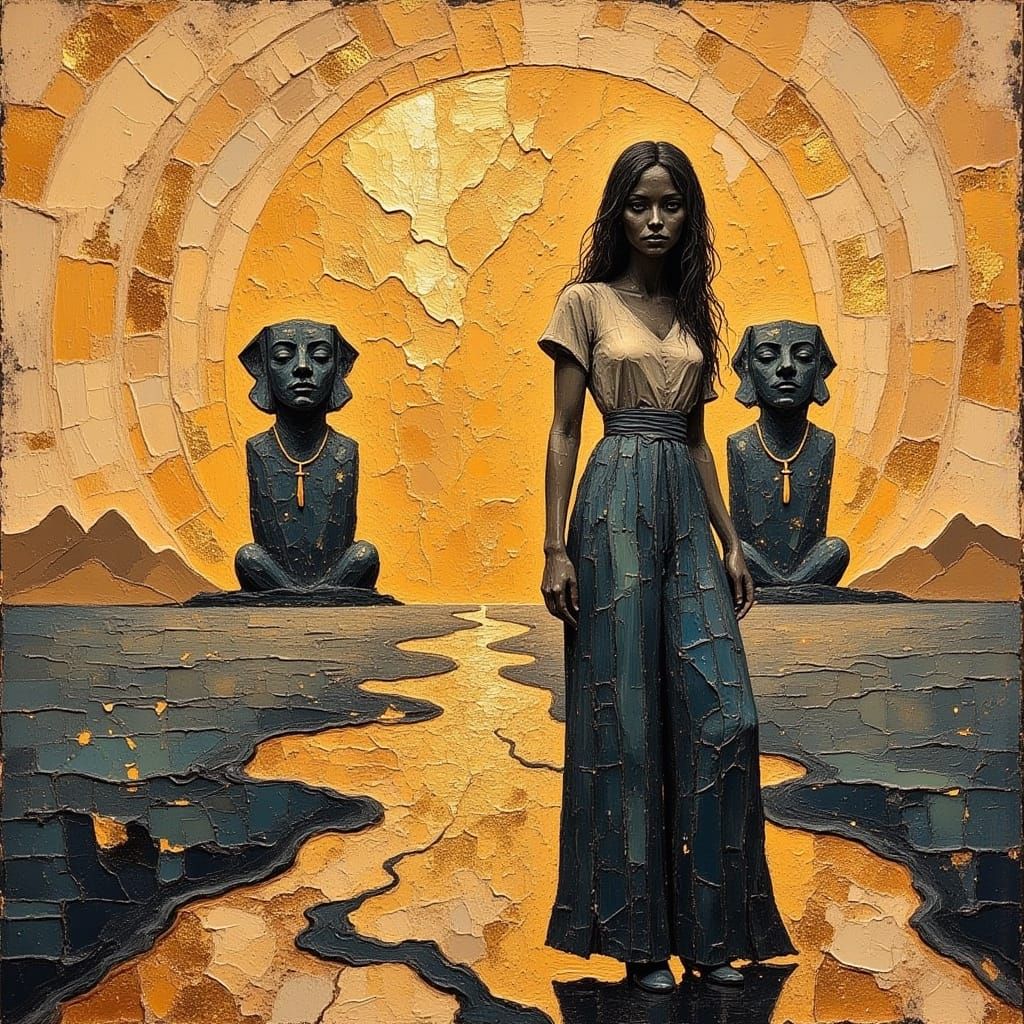 Surreal Woman in Melting Landscape, Impasto Acrylic Style