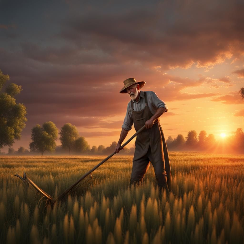 Farmer Scything Field at Sunset: Detailed Matte Painting