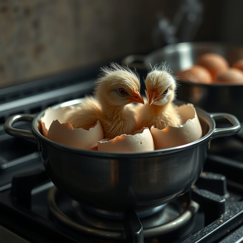 Newborn Chicks Hatching in Pots on Stove