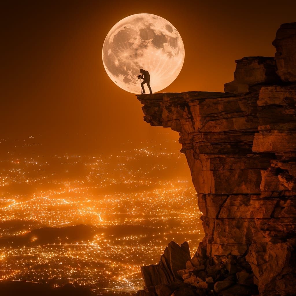 Photographer on Rocky Cliff Under Moonlight