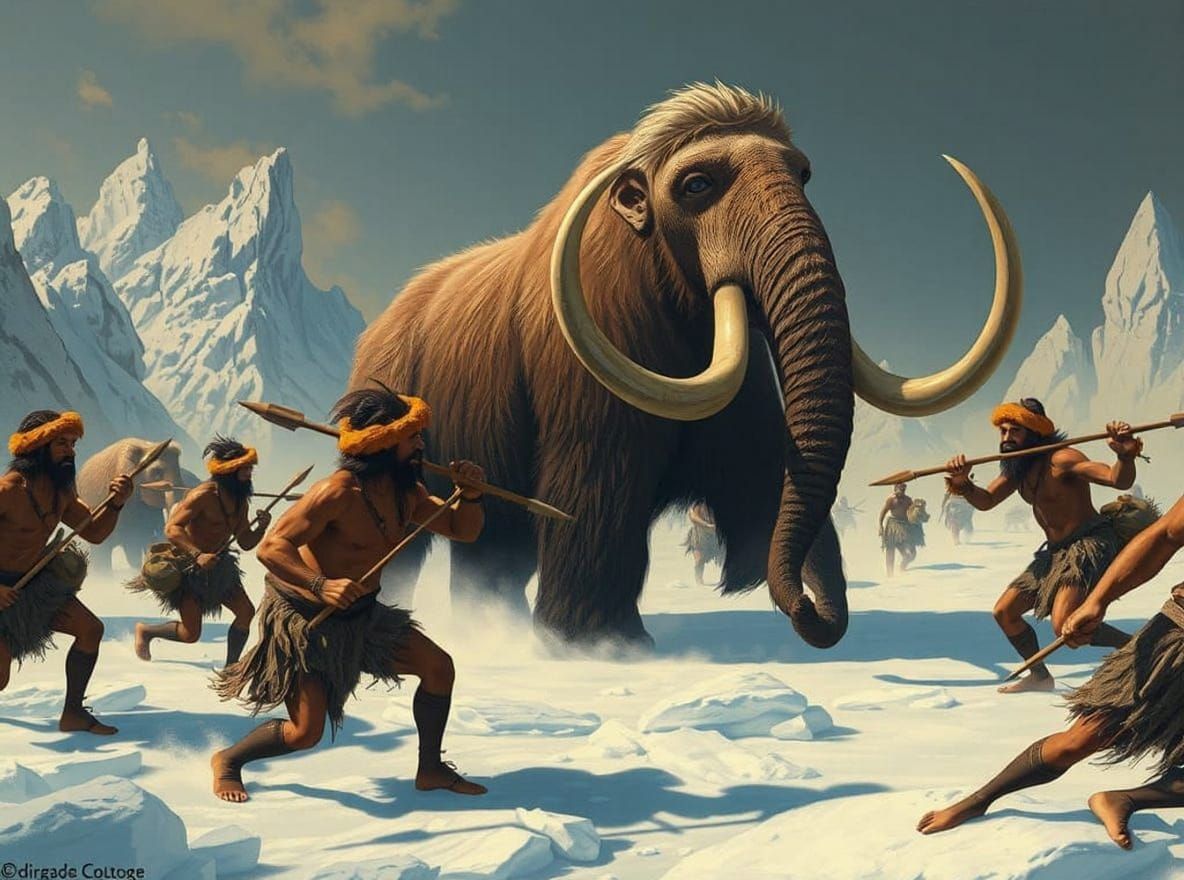 Mammoth Hunt in Icy Landscape, Atmospheric Realism