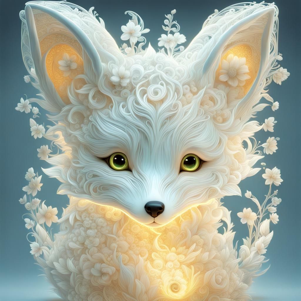 Luminous Fox Cub in Bioluminescent Floral Dreamscape