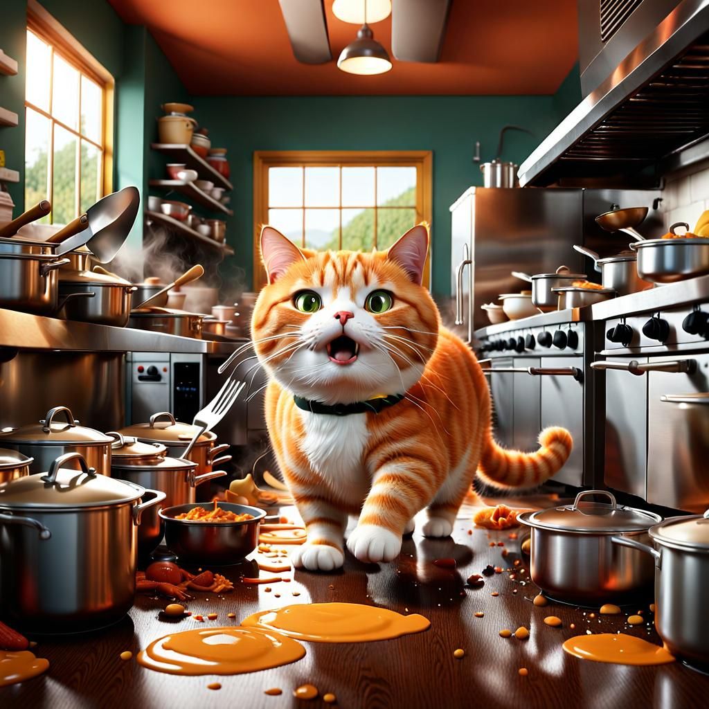 Ginger Cat Chaos in Restaurant Kitchen, 3D Render