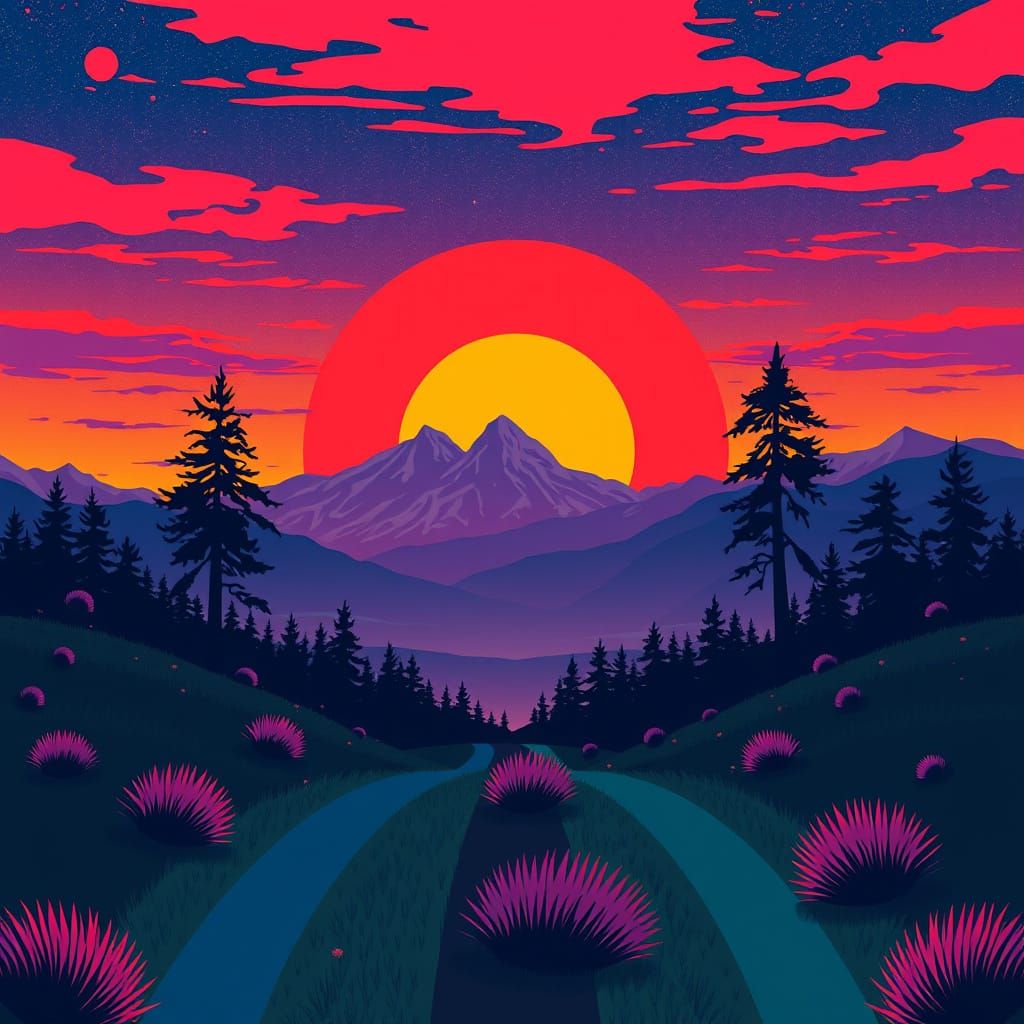 Vibrant Twilight Landscape with Bauhaus Elements