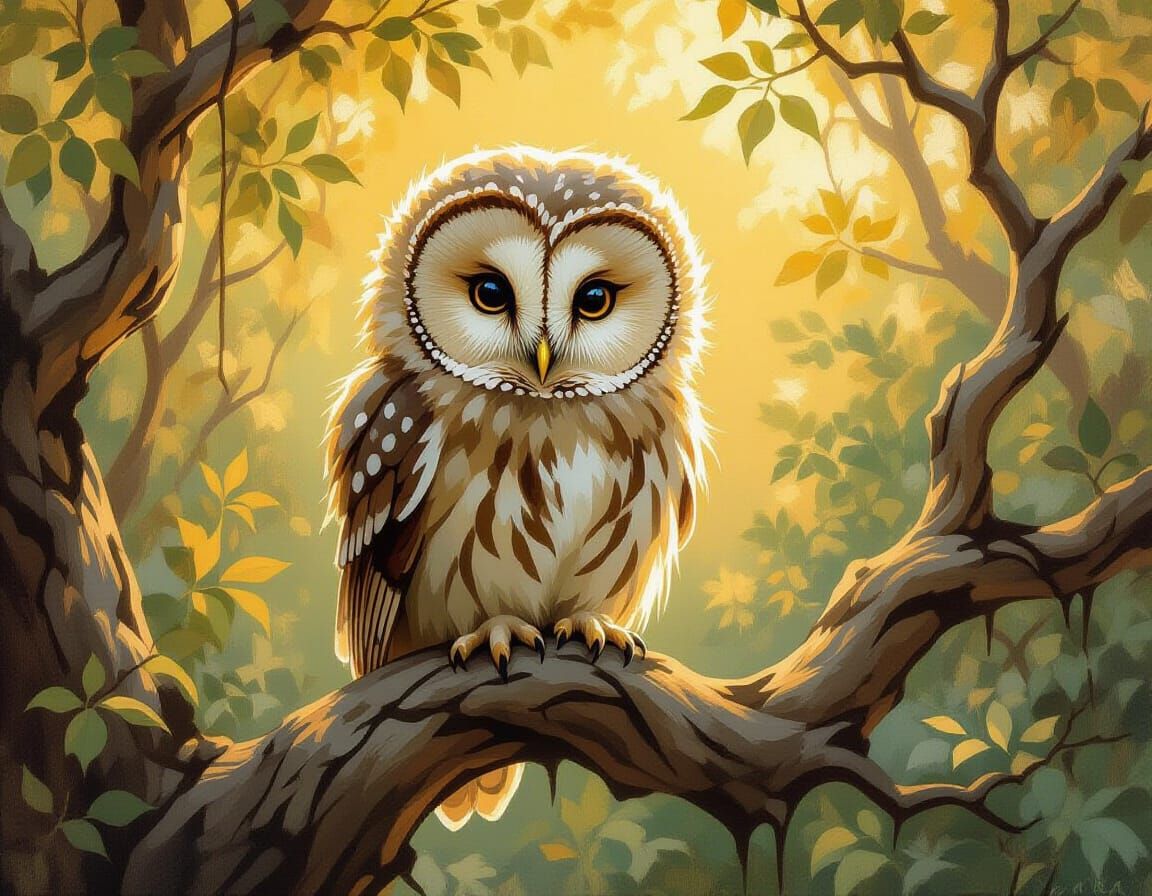 Fluffy Owl in Forest, Impressionistic Oil Painting