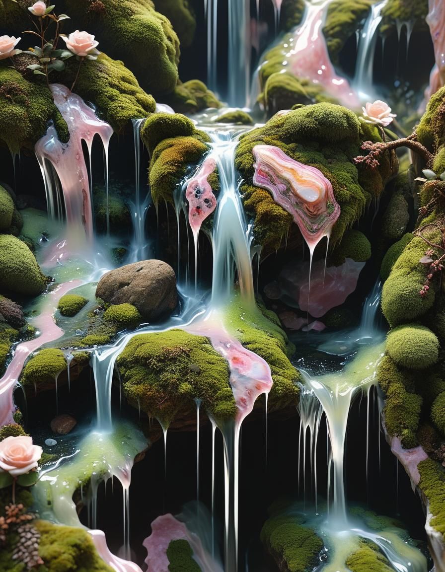 Spectacular 3D Glass Waterfall Over Agate and Quartz