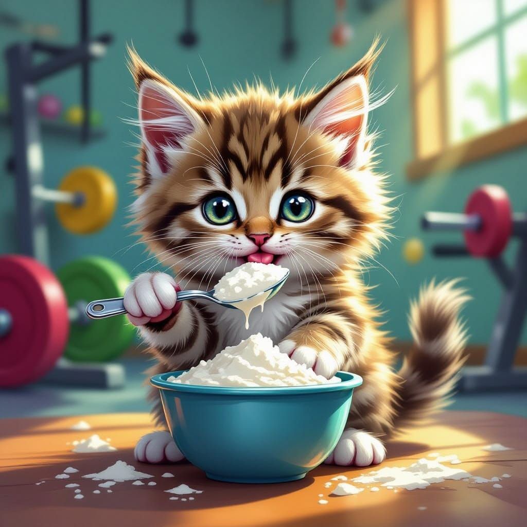 Fluffy Kitten Flexes Muscles in Vibrant Gym