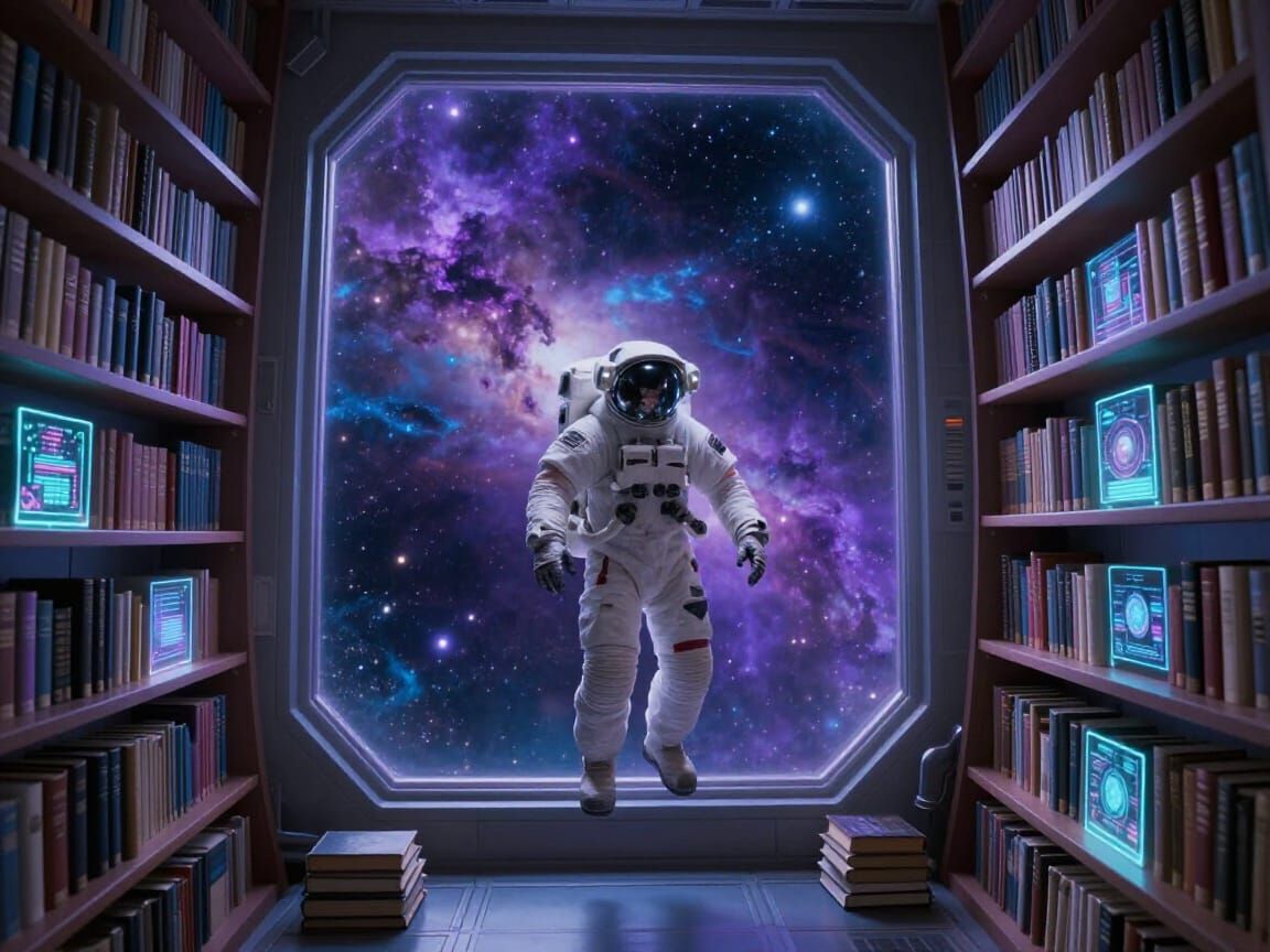 Astronaut in Zero-Gravity Library Amidst Holographic Books