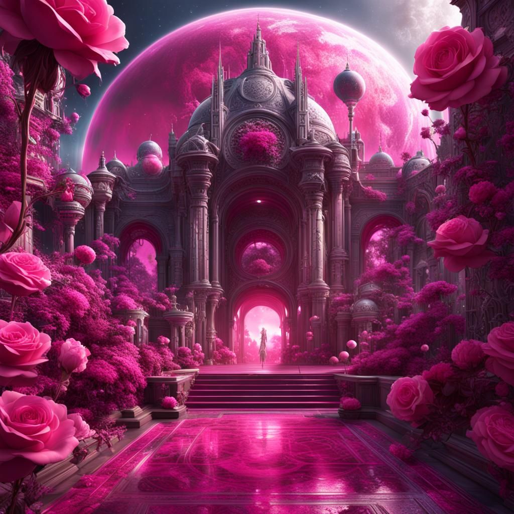 Fantasy Galaxy with Roses in Magenta and Silver