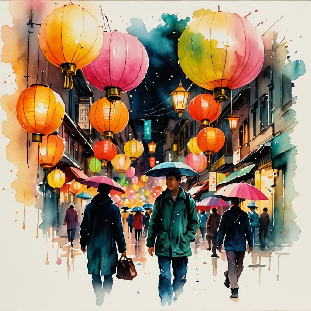 Impressionist Watercolor Masterpiece: Vibrant Rainy Night Sc...