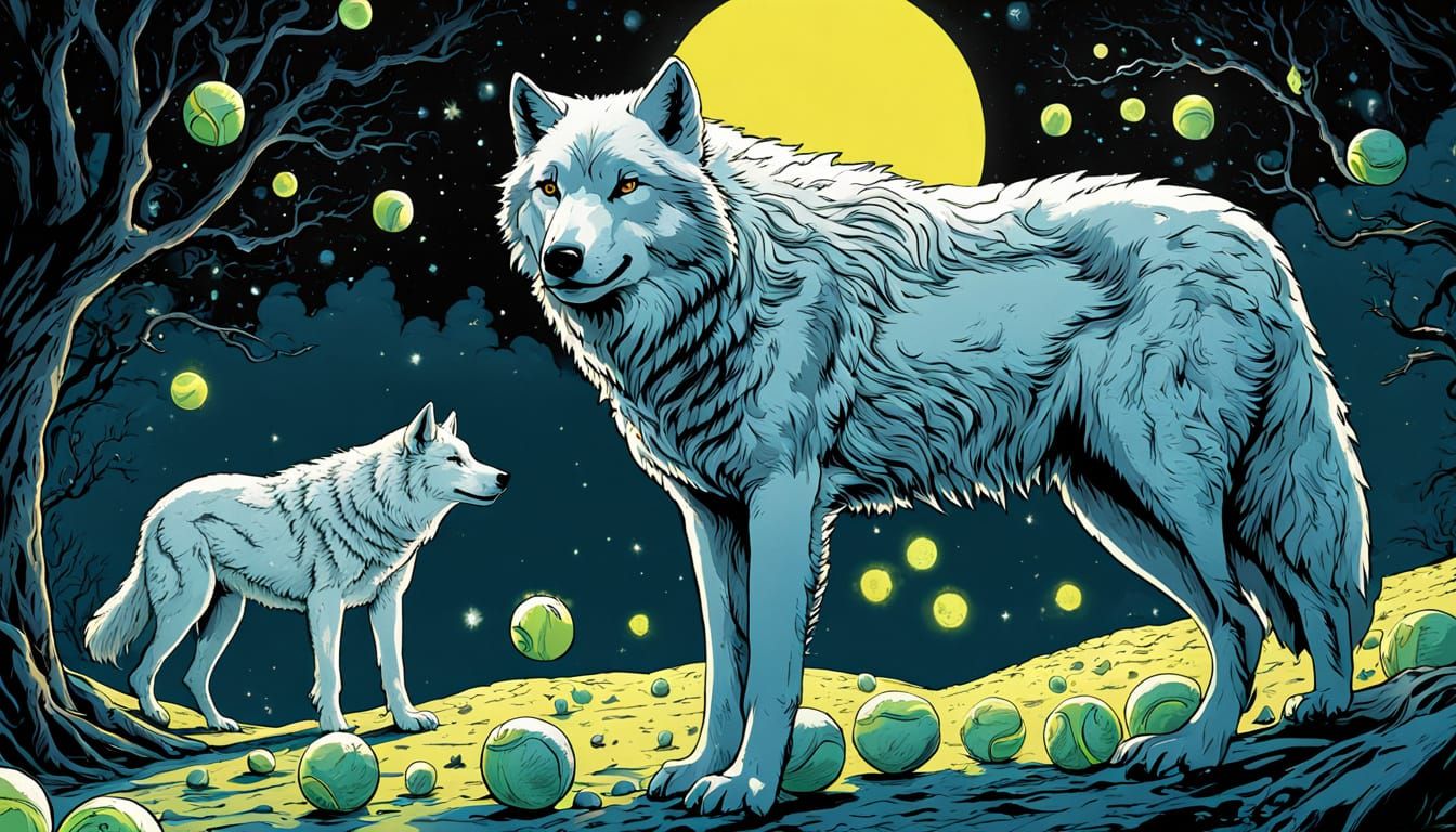 Wolves Guarding Glowing Balls: Comic Book Illustration