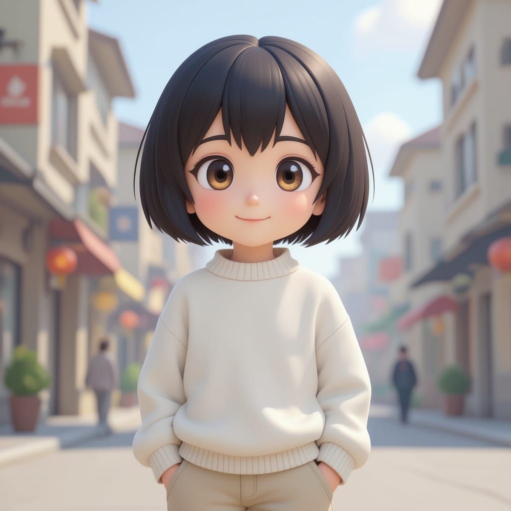 Sweet Boy with Wolf Cut and Cream Cargo Pants