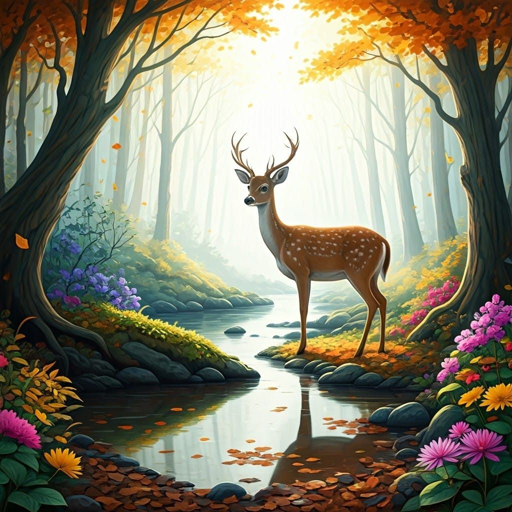 Whimsical Watercolor Deer in a Serene Forest