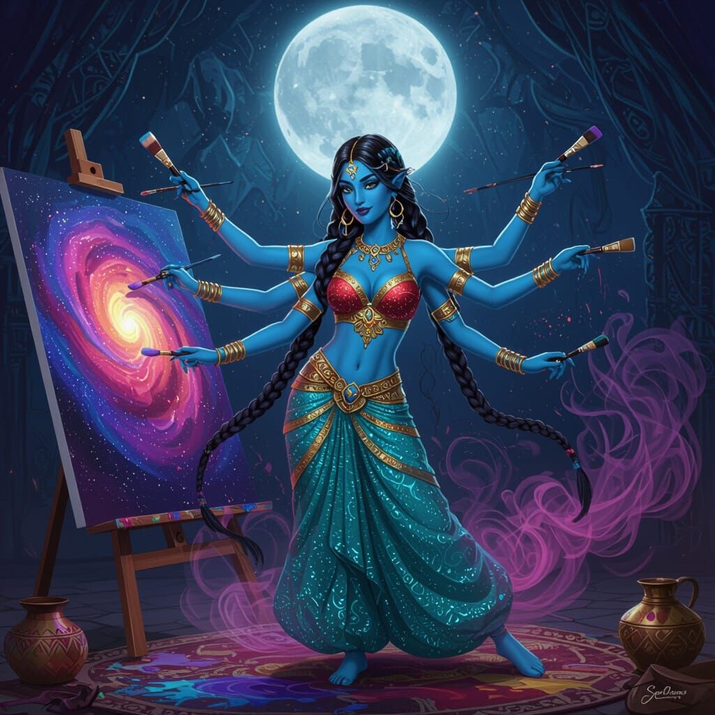 Four-Armed Genie Paints Nebula in Seductive Pose