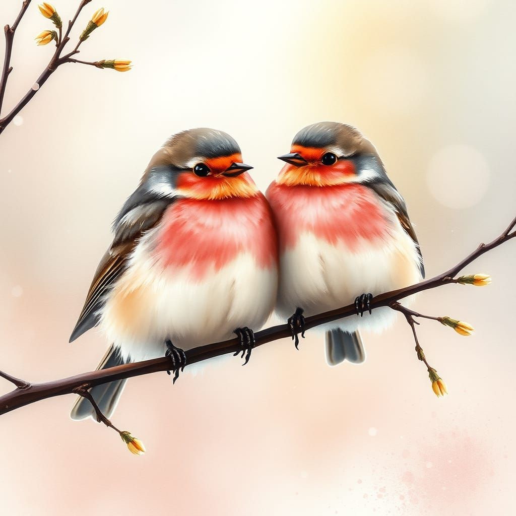 Delicate Morning Scene of Pink Robins in Watercolour Style