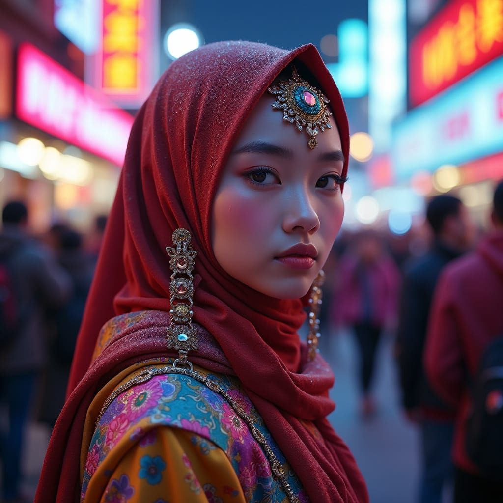 Hyperrealistic Portrait of a Futuristic Hijabi Girl in Vibra...