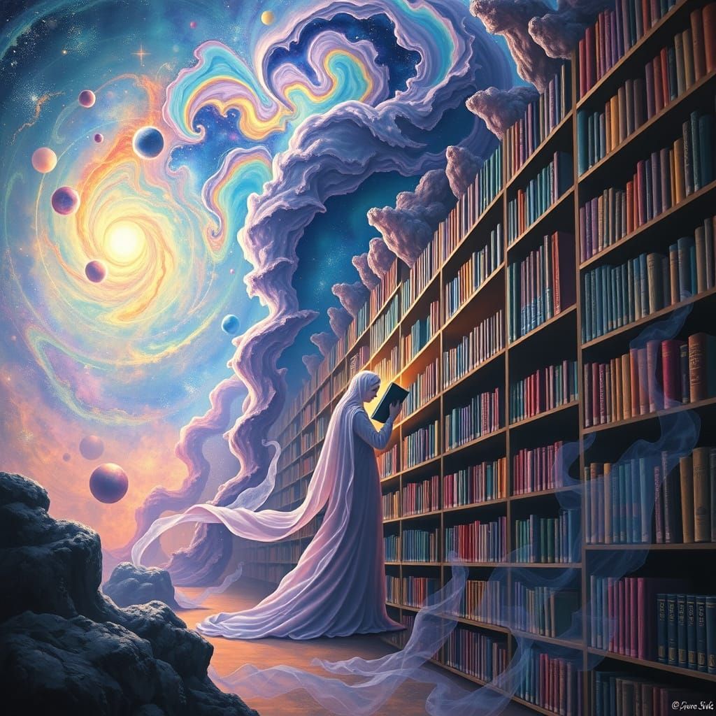 Celestial Library with Nebulae Bookshelves in Surreal Style