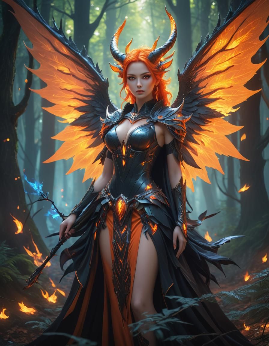 Woman with Flaming Hair and Dragon Wings