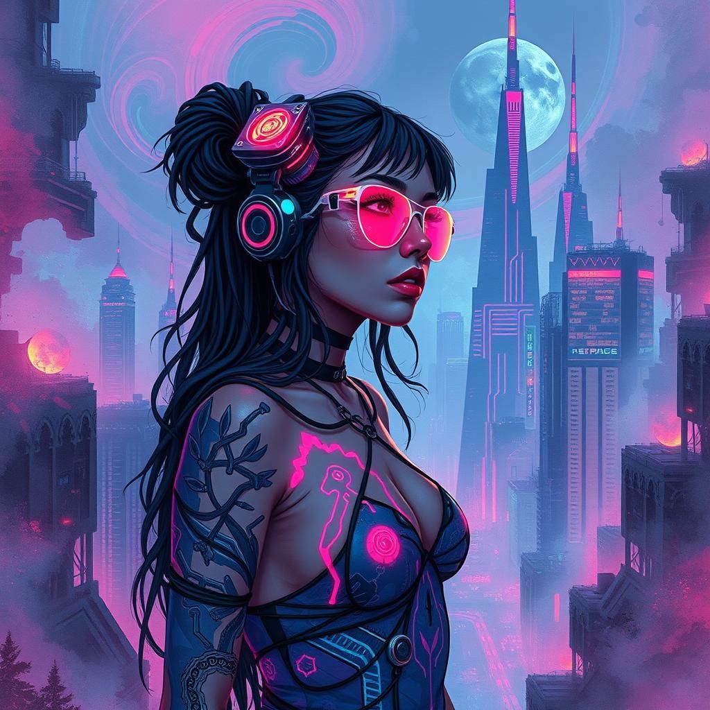 Cyberpunk Woman in Vaporwave Cityscape with Neon Tattoos