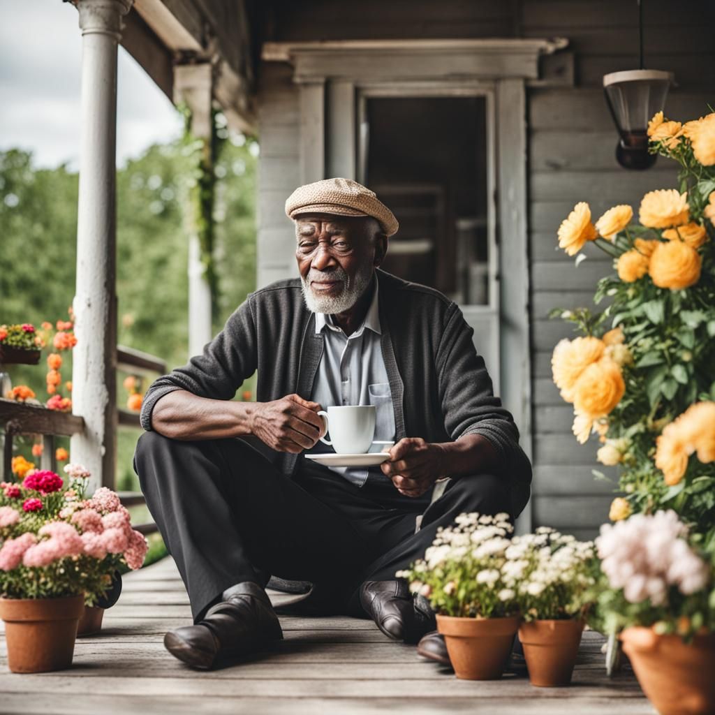 Elderly Man Enjoying Morning Coffee with Flowers