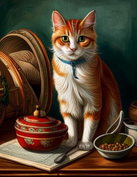 Chinese Cat in the Style of Golden Age Illustration