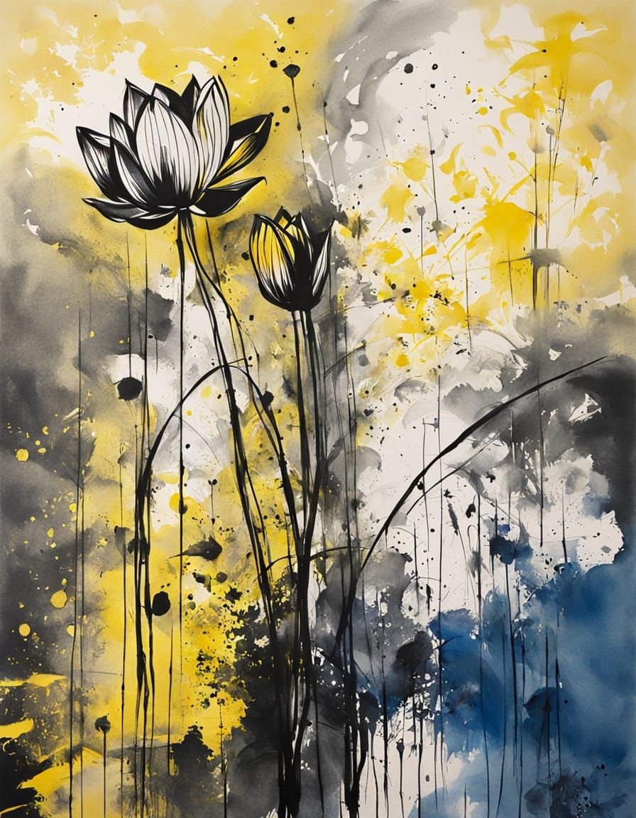 Expressionist Ink Sketch of a Yellow and Silver Lotus Flower