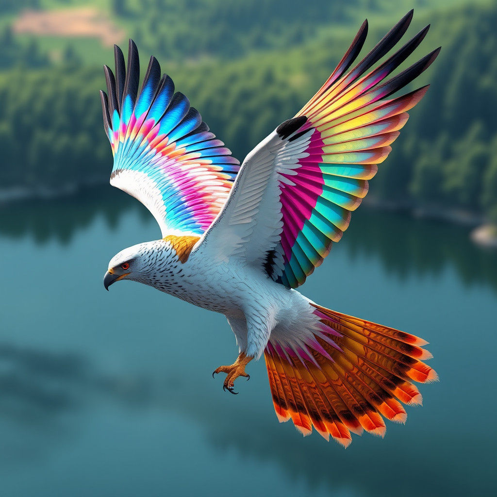Iridescent Hawk Soaring Over Lake: 3D Anime Style